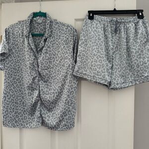 Leopard Print Pajama Set - Gray